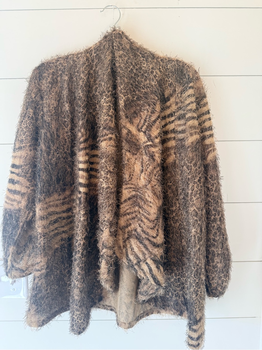 Cozy Open-Front Fuzzy Zebra-Print Cardigan - Brown/Tan
